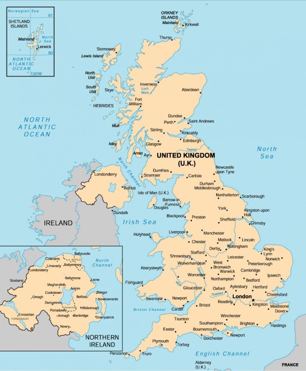 Mapa Zjednoczonego Królestwa (UK) z głównymi miastami