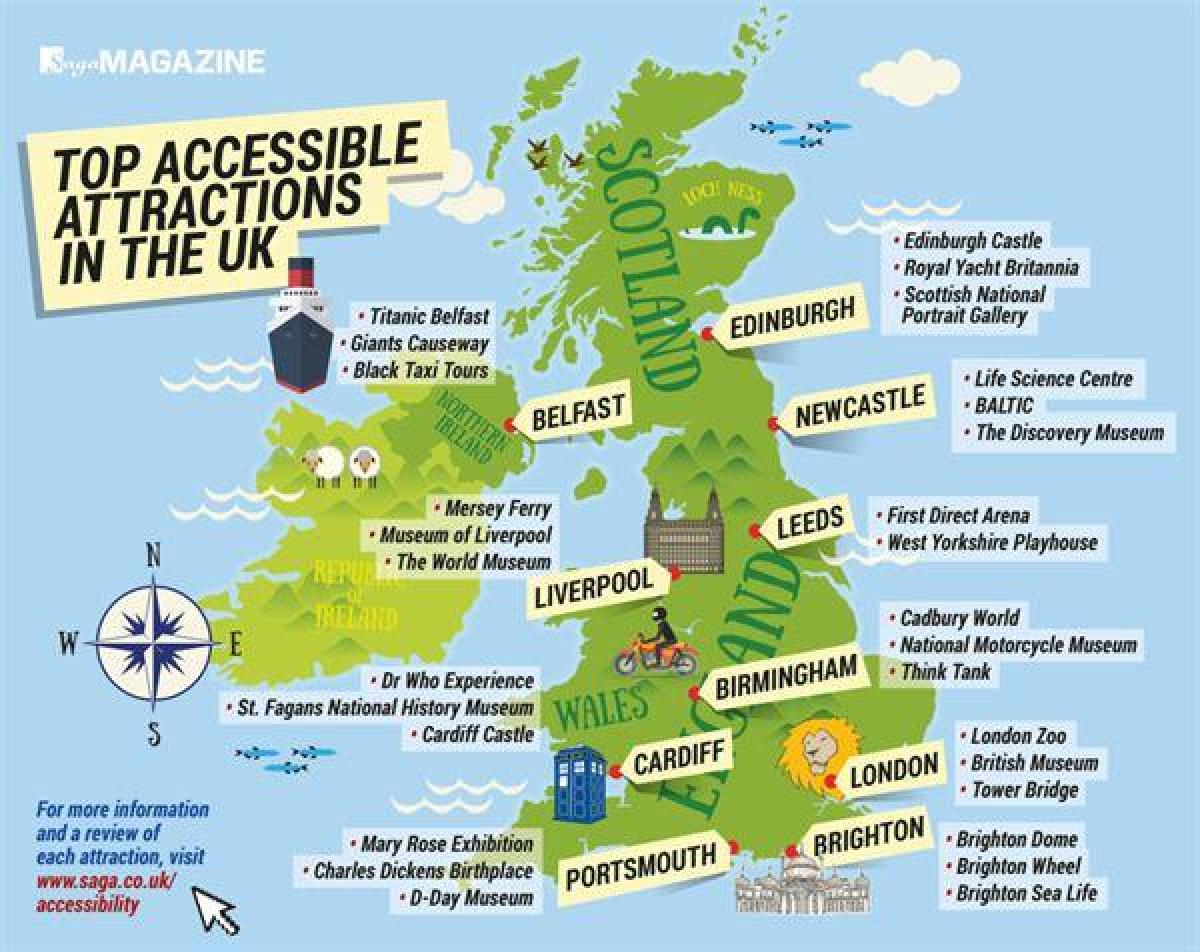 Mapa turystycznych atrakcji Zjednoczonego Królestwa (UK)