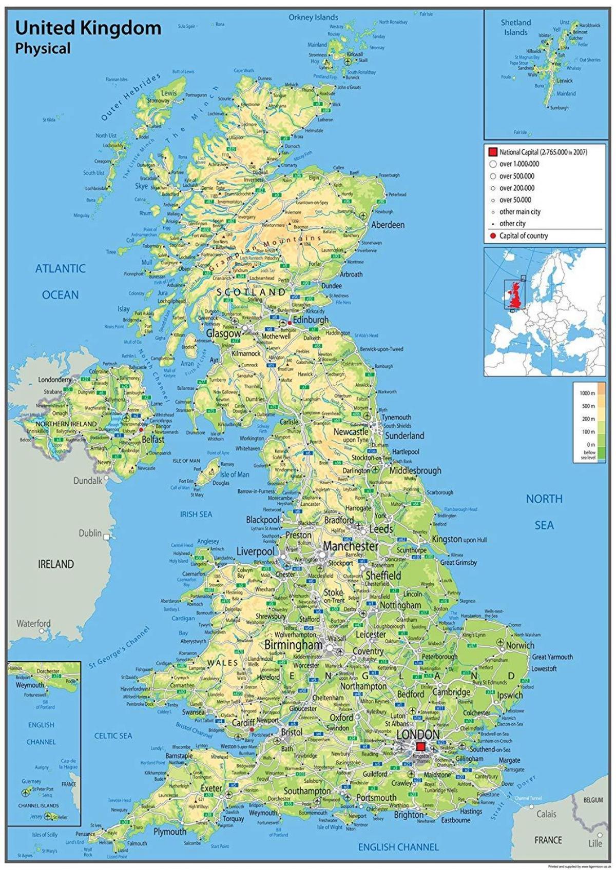 Mapa ukształtowania terenu Zjednoczonego Królestwa (UK)