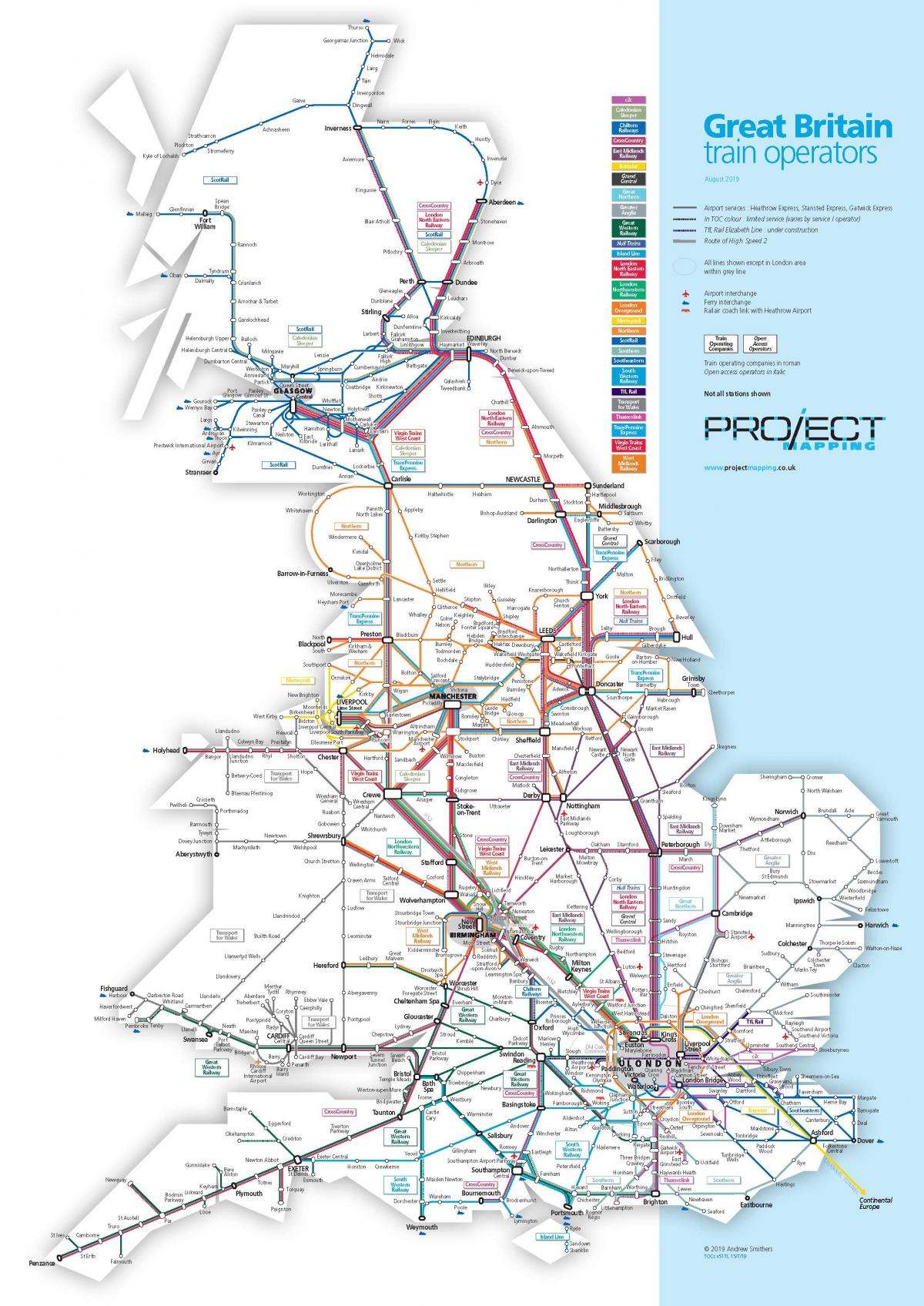 Mapa linii kolejowych Zjednoczonego Królestwa (UK)