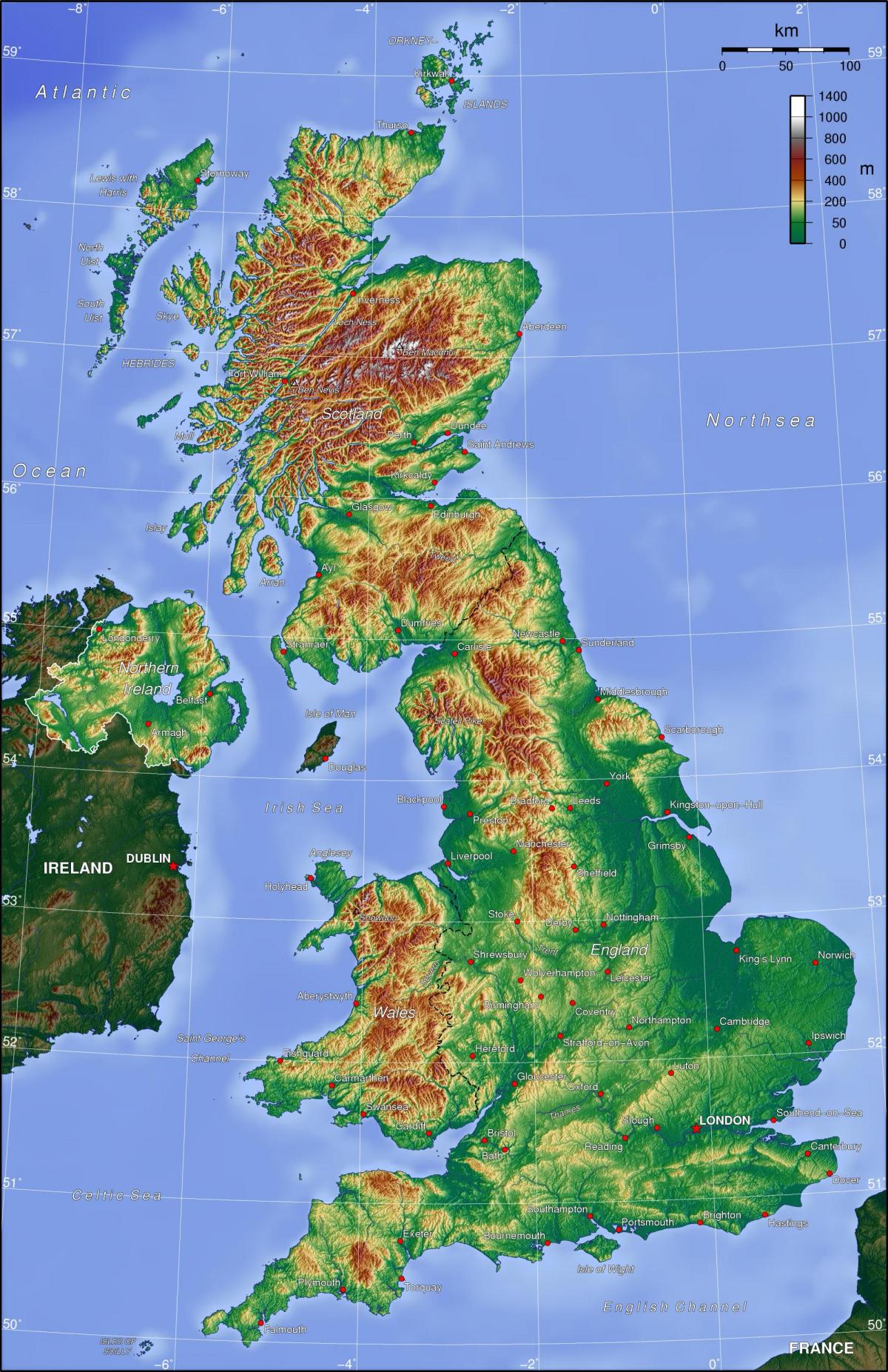 Mapa topograficzna Zjednoczonego Królestwa (UK)